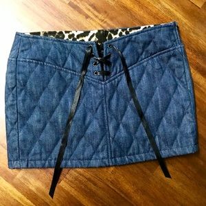 Denim mini skirt satin crossed leopard velvet